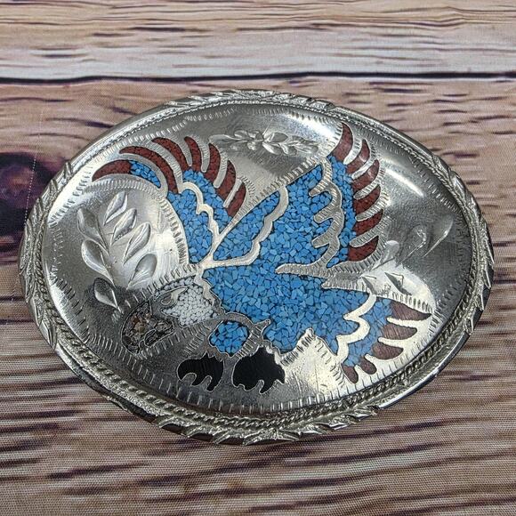 Vintage Handcrafted Inlay Belt Buckle Silver Tone Turquoise Eagle Western 3 Inch - Picture 1 of 11